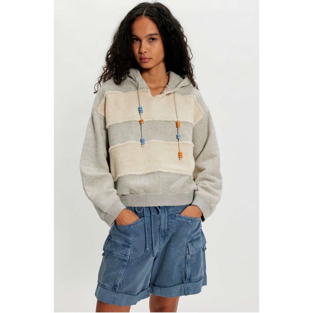 Free People Camp Crush Hoodie Distressed Cropped Beaded‎ Sweatshirt Gray Cream